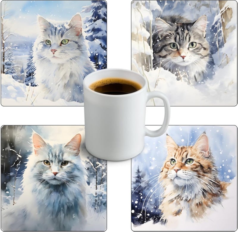 Four Pieces Snowy Cat Wooden Coasters, Coaster Tea Cups | Coffee Mugs and Glasses Coaster for Home Kitchen Coaster-23